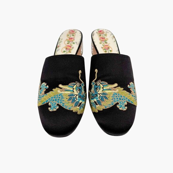 Gucci Dragon Embroidered Candy Mules EU 37 US 7 Black Satin Crystal Block Heel - Picture 3 of 15